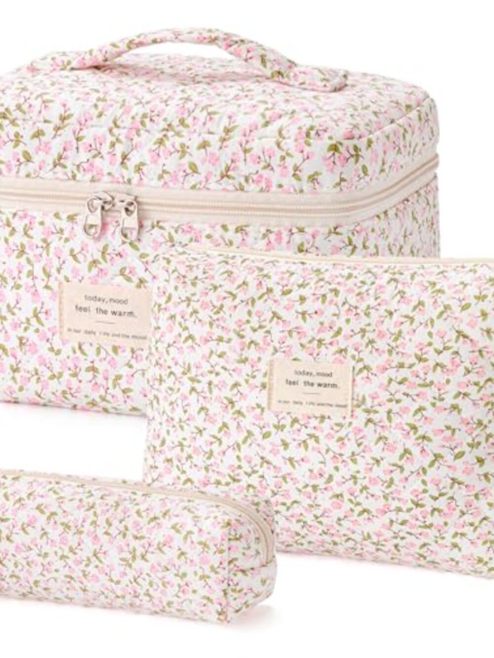 Quilted Cotton Makeup Bag Set 3pc Travel Cosmetic Organizer